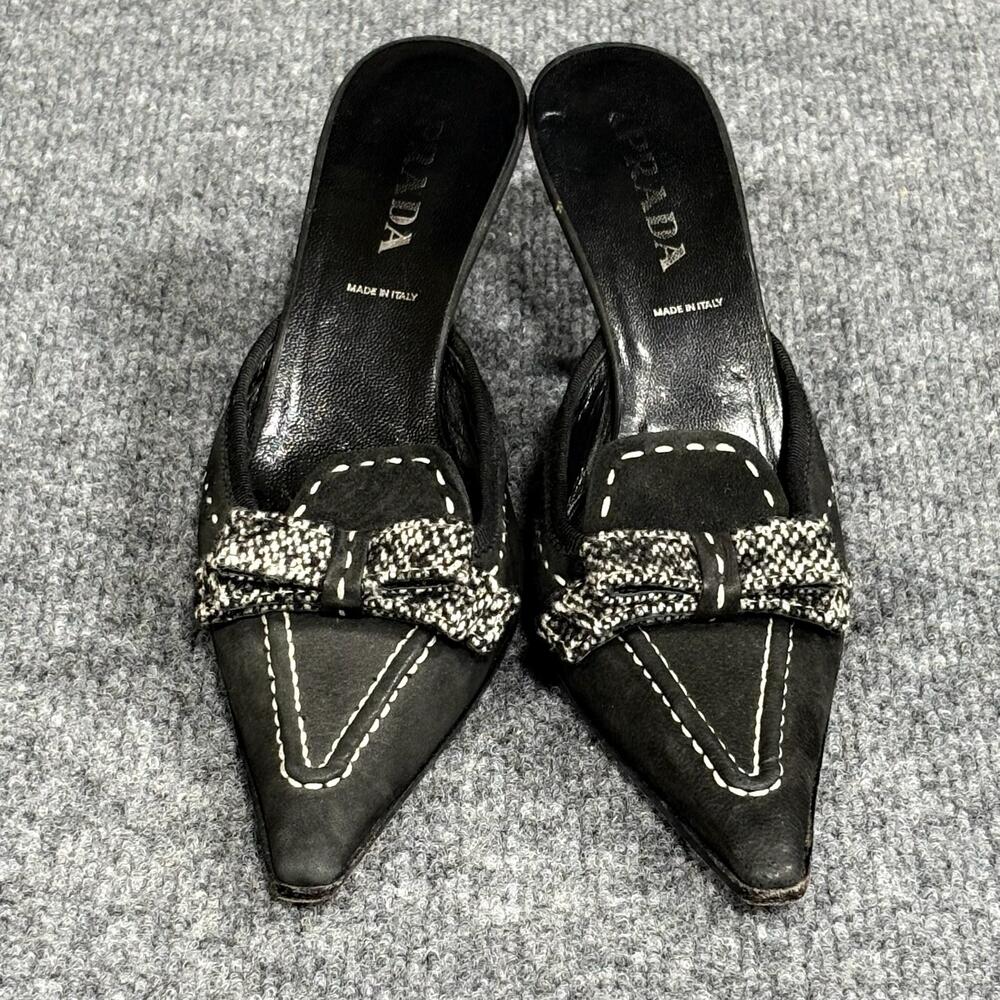 Prada Shoes Womens 6 EU 36 Black Suede Whipstitch Bow Mule Kitten Heels Italy